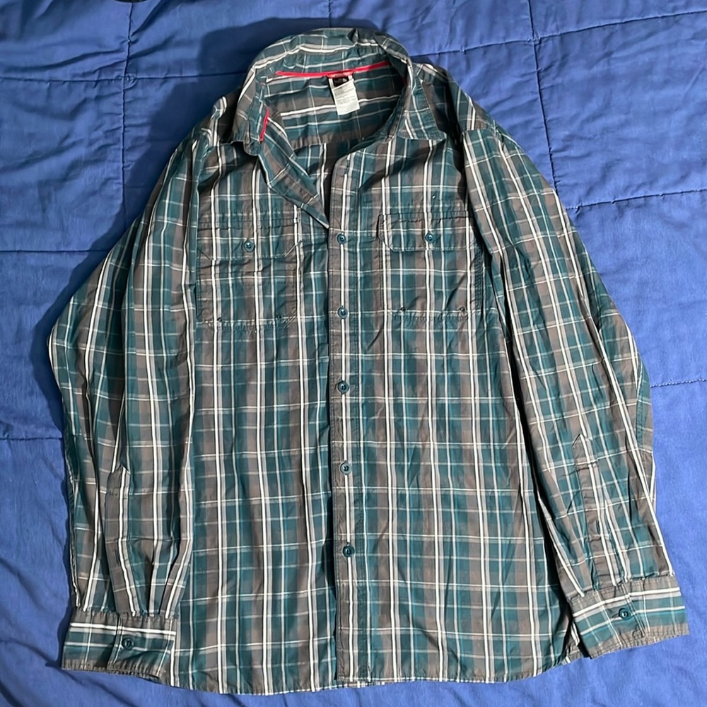 The North Face - LG - Long Sleeve, Button Up - Teal/Gray
